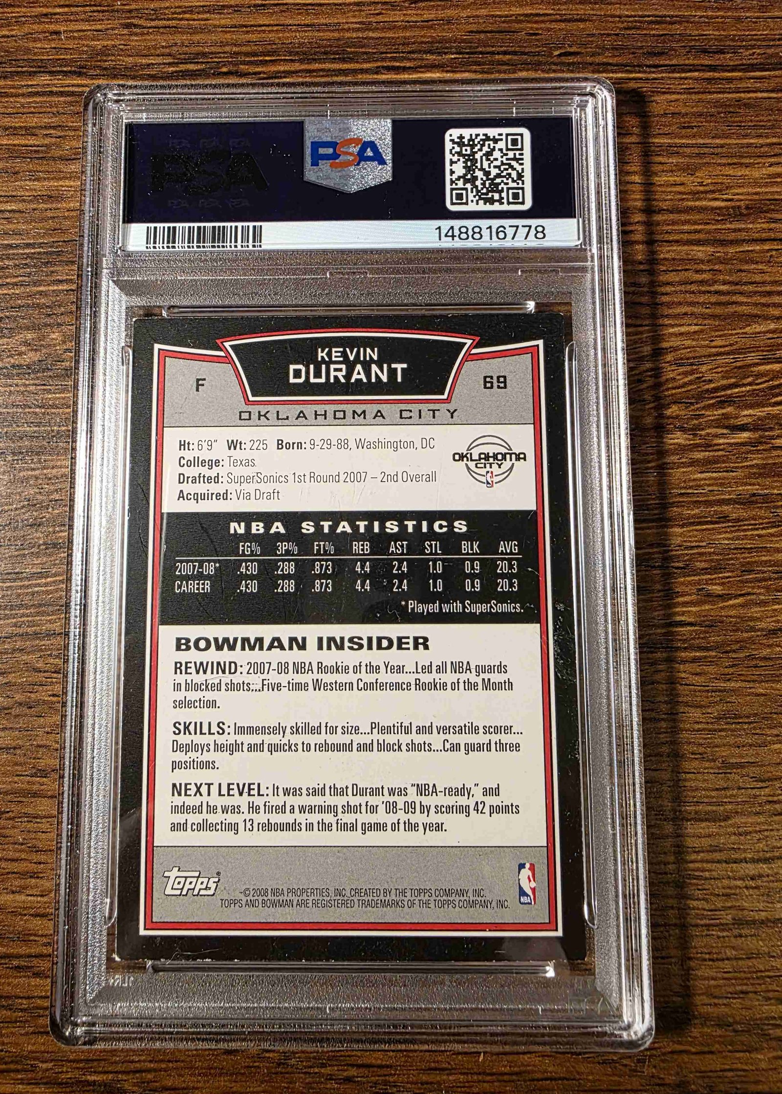 2008 Bowman #69 — Kevin Durant back