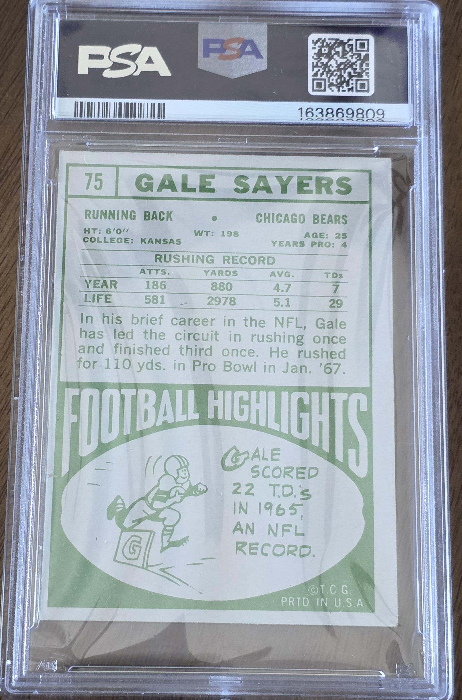 1968 Topps #75 — Gale Sayers back