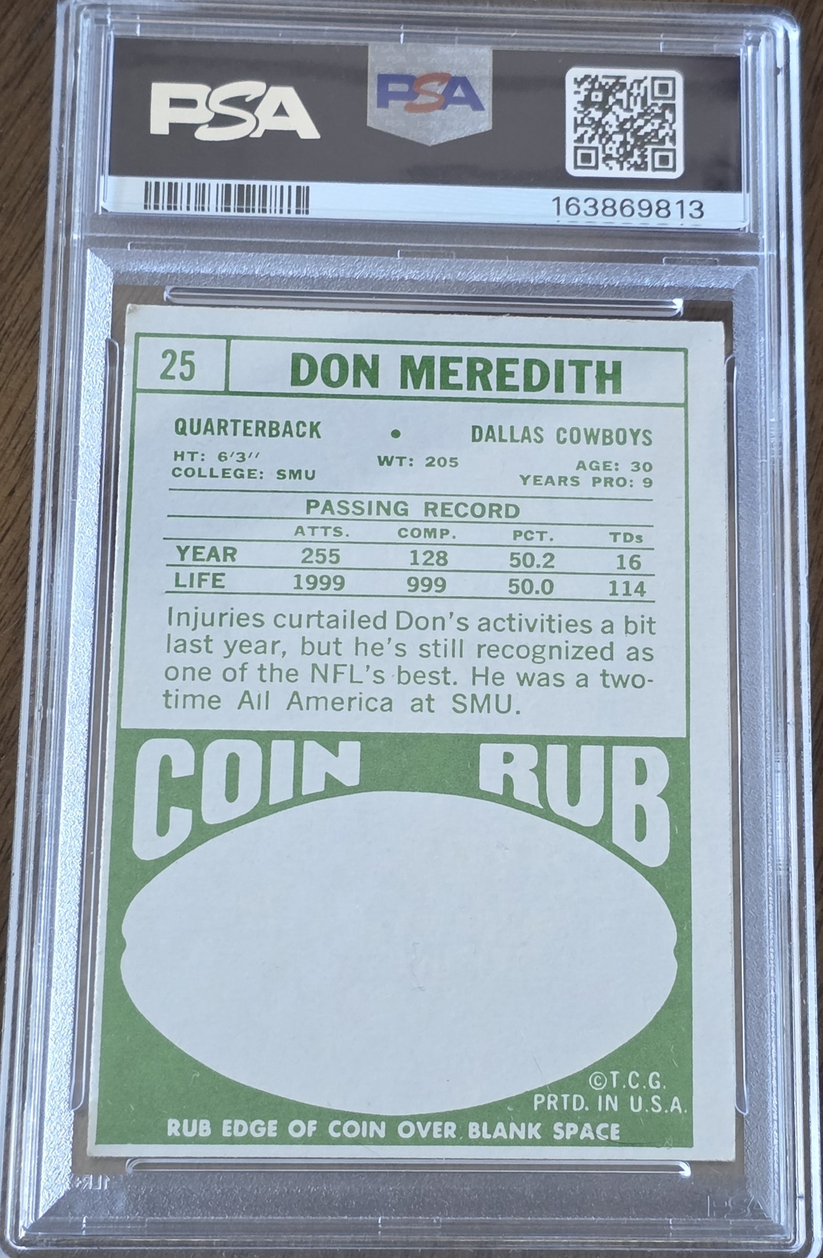 1968 Topps #25 — Don Meredith back