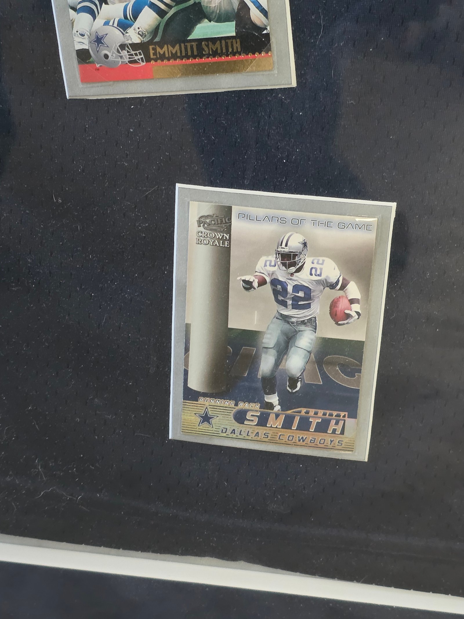 Emmitt Smith Framed Jersey and Card Display: Mounted-card placement detail